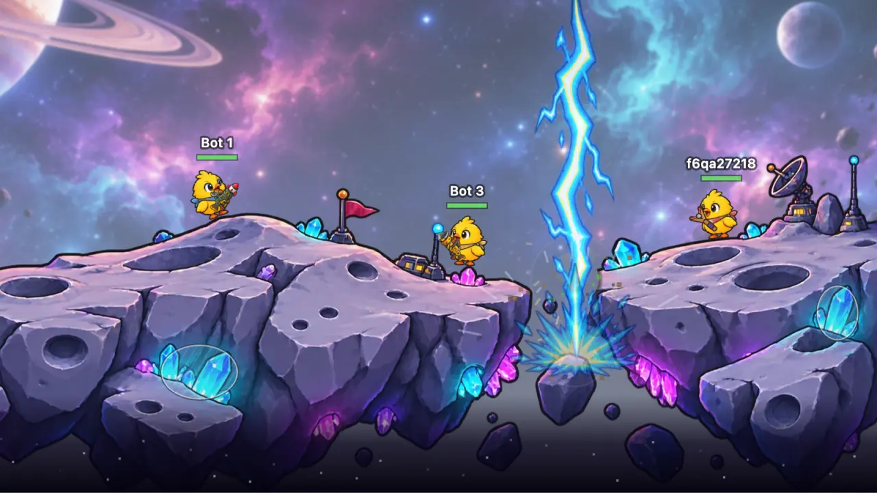 Partida no Espaço: pintinhos em asteroides com cristais diante de uma nebulosa